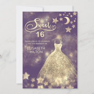 Celestial måne och stjärnor calligraphy sweet sixt inbjudningar