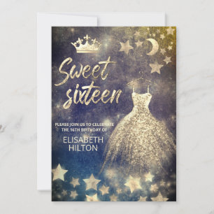 Celestial måne och stjärnor calligraphy sweet sixt inbjudningar