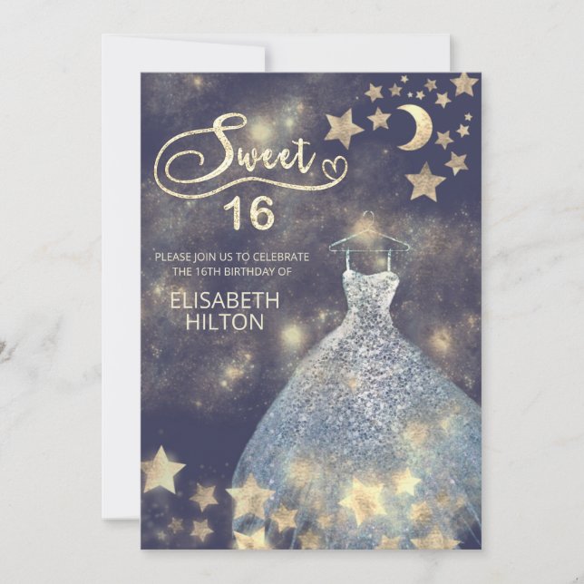 Celestial måne och stjärnor calligraphy sweet sixt inbjudningar (Framsida)