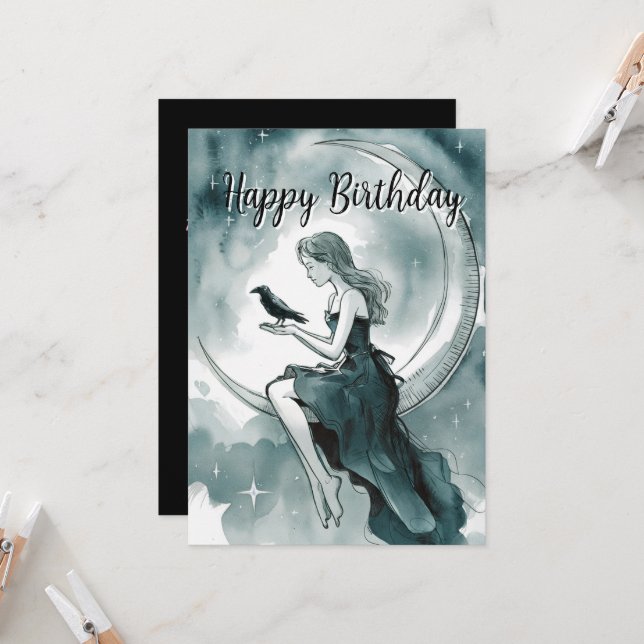 Celestial Måne och stjärnor, flicka och Kråka föde Inbjudningar (Fram/Back In Situ)