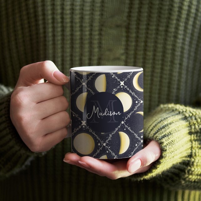 Celestial Måne Phases Mönster Kaffemugg (Moon Phases Mug Pattern with Monogram)