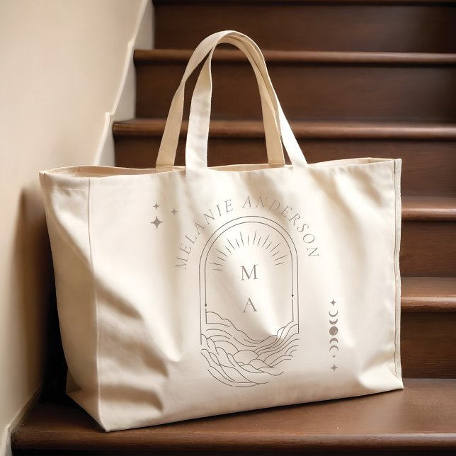 Celestial Måne Star Monogram Boho Bridesmaid Namn Jumbo Tygkasse (Celestial Moon Star Monogram Boho Bridesmaid Name Large Tote Bag)