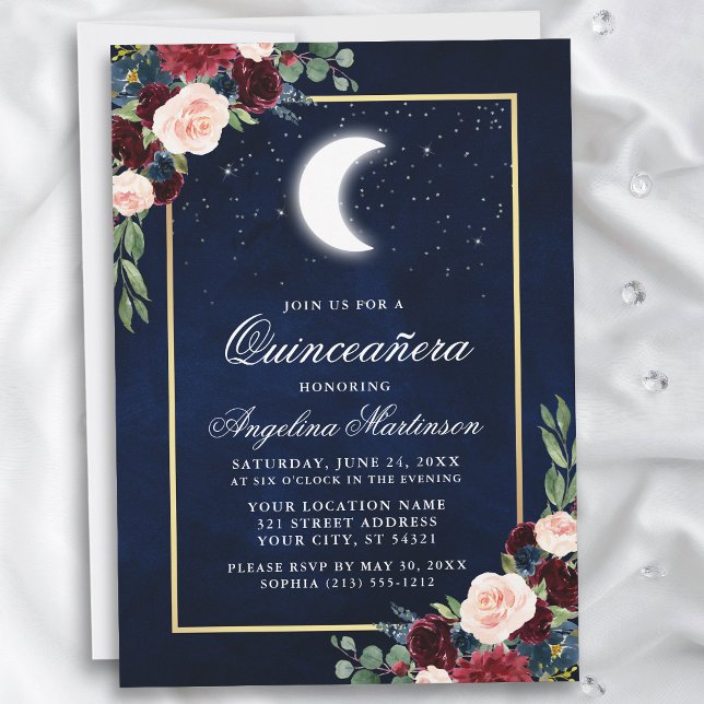 Celestial Måne Stars Blommigt Guld Quinceanera Inbjudningar (Customize to add text or a photo to back of card.)