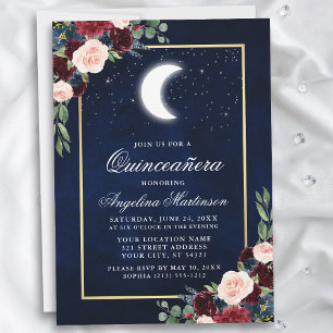 Celestial Måne Stars Blommigt Guld Quinceanera Inbjudningar