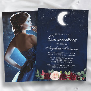 Celestial Måne Stars Blommigt Photo Quinceanera Inbjudningar
