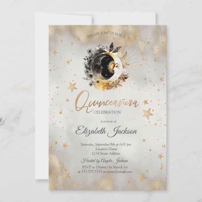 Celestial Måne,Stars Flower Quinceanera Inbjudningar (Framsida)