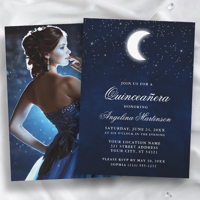 Celestial Måne Stars Photo Quinceanera-inbjudan Inbjudningar (Customize to change text size or text style.)