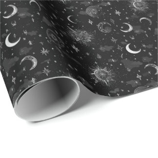 Celestial Måne & Stars Wrapping Papper Monokrom Presentpapper