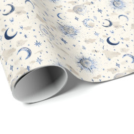 Celestial Måne & Stars Wrapping Papper Navy/Cream Presentpapper