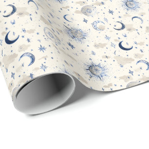 Celestial Måne & Stars Wrapping Papper Navy/Cream Presentpapper
