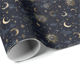 Celestial Måne & Stars Wrapping Pappra Guld/flotta Presentpapper