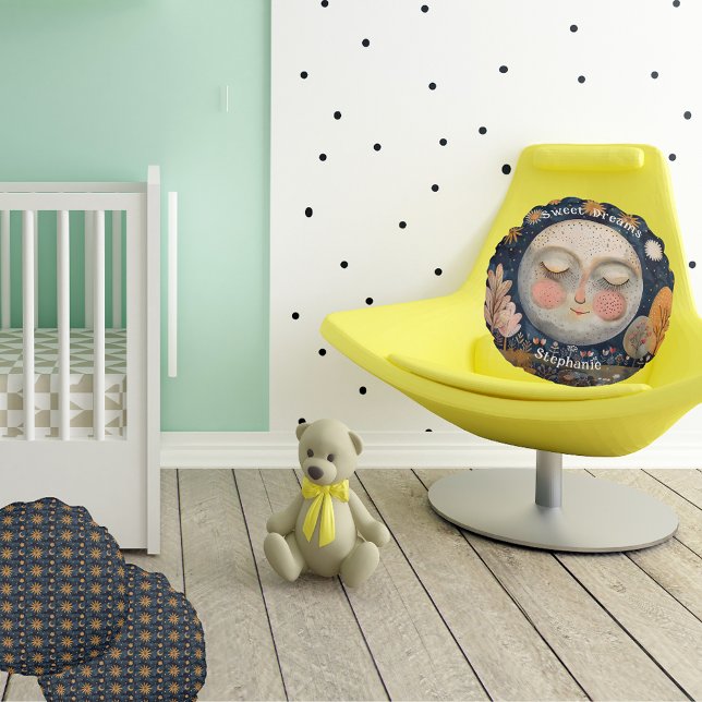 Celestial Måne Sweet Dreams eget namn Cute Kids Rund Kudde (Sweet Dreams Celestial Moon Kids Own Name Round Pillow)