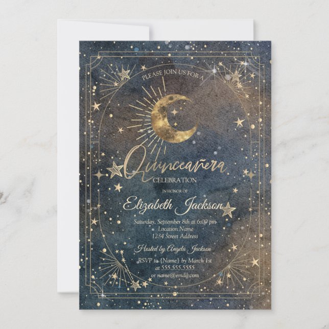 Celestial månstjärnor ram mörk galax Quinceanera Inbjudningar (Framsida)
