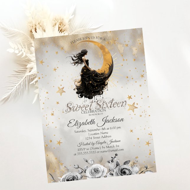 Celestial  Måntjej Blommor Stjärnor Sweet 16 Inbjudningar (Skapare uppladdad)