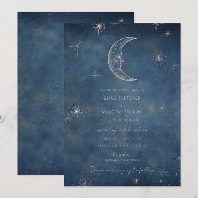 Celestial Midnight Blå Måne Stjärnor Bröllop Inbjudningar (Fram/baksida)