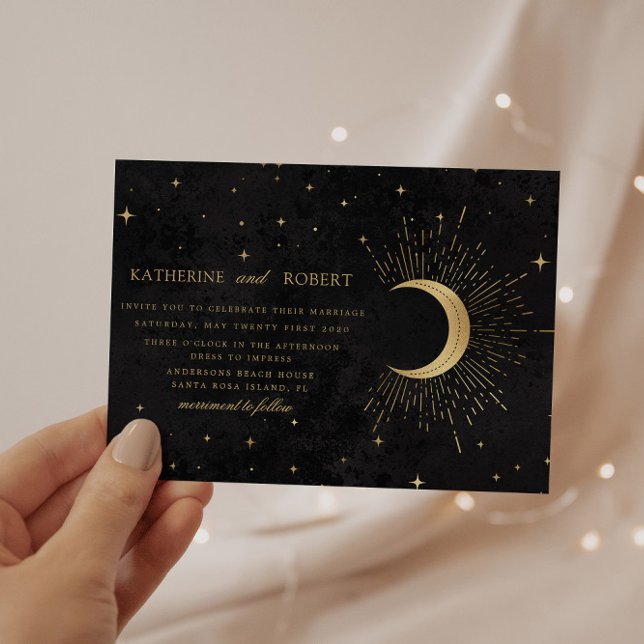 Celestial Midnight Black Guld Stars Bröllop Inbjudningar (Skapare uppladdad)