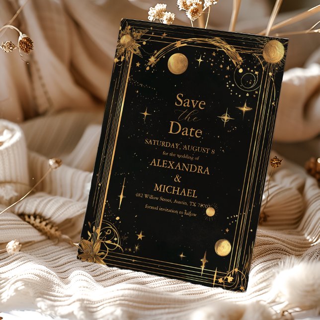 Celestial Midnight Black Stars Måne Bröllop Spara Datumet (Skapare uppladdad)