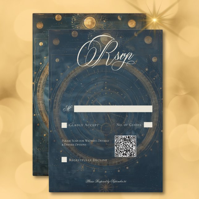 Celestial Midnight Blue Crescent Måne QR-kod OSA Kort (Celestial Midnight Blue Crescent Moon QR Code RSVP Card)