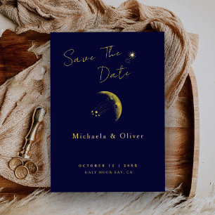 Celestial Midnight Blue Guld Crescent Måne Bröllop Spara Datumet