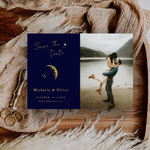 Celestial Midnight Blue Guld Måne Photo Bröllop Spara Datumet