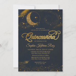 Celestial Midnight Blue Guld Star Måne Quinceanera Inbjudningar