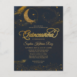 Celestial Midnight Blue Guld Star Måne Quinceanera Vykort