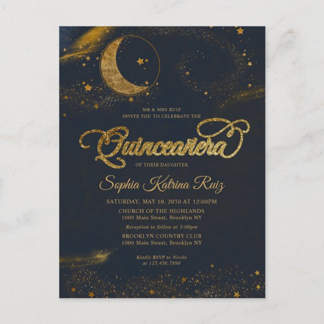 Celestial Midnight Blue Guld Star Måne Quinceanera Vykort (Framsida)