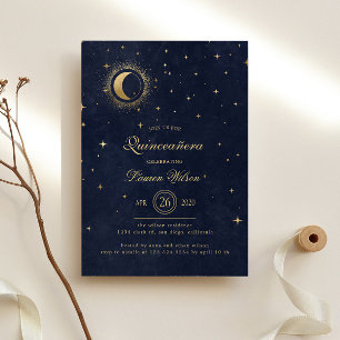 Celestial Midnight Blue Guld Stars Quinceanera Inbjudningar