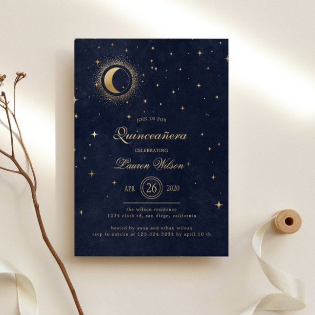 Celestial Midnight Blue Guld Stars Quinceanera Inbjudningar (Skapare uppladdad)