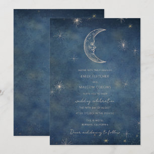 Celestial Midnight Blue Måne Stars Bröllop Inbjudningar
