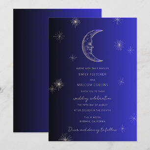 Celestial Midnight Blue Måne Stars Bröllop Inbjudningar