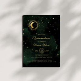 Celestial Midnight Grönt Guld Stars Quinceanera Inbjudningar