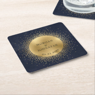 Celestial Midnight Guld Måne Bröllop Underlägg Papper Kvadrat