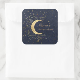 Celestial Midnight Guld Måne Quinceañera Fyrkantigt Klistermärke