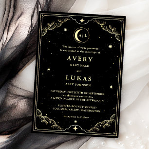 Celestial Midnight Himmel Black Guld Bröllop Inbjudningar
