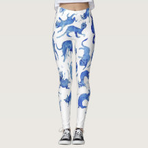 Celestial Ming Katter Blå Vit Chinoiserie Legging