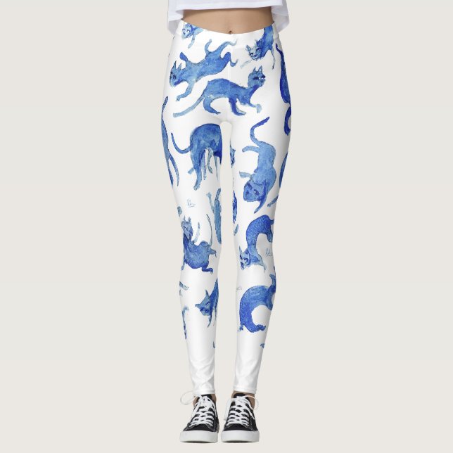 Celestial Ming Katter Blå Vit Chinoiserie Legging (Framsida)