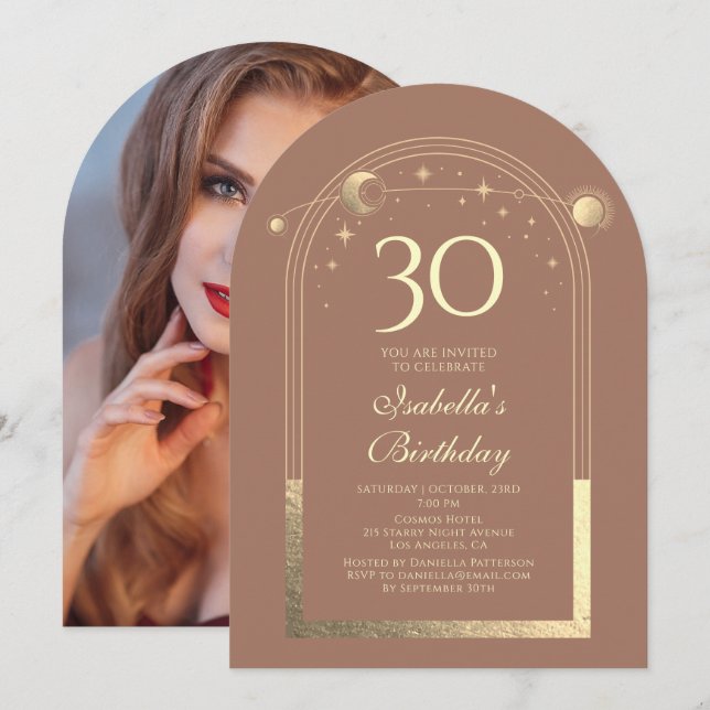 Celestial Mocha Guld Sol Måne Stars 30års födelsed Inbjudningar (Fram/baksida)