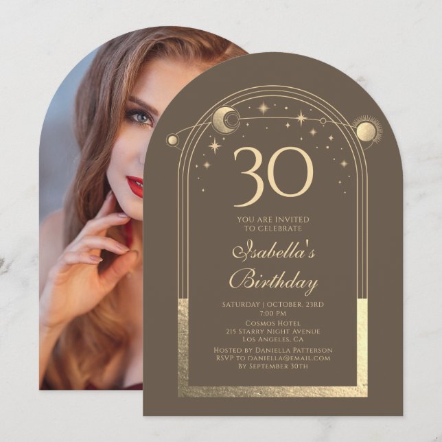 Celestial Mocha Guld Sol Måne Stars 30års födelsed Inbjudningar (Fram/baksida)