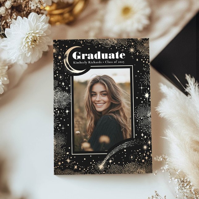 Celestial Modern Black Student Photo Studenten Meddelande (Celestial Black Photo Graduation Announcement)