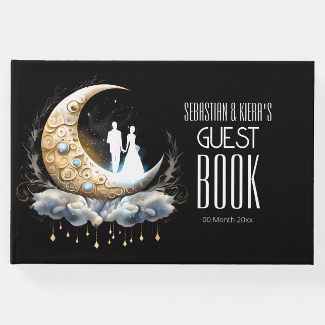 Celestial möhippa par silhuette crescent måne gästböcker (Framsida)