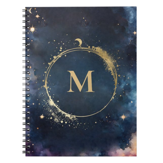 Celestial Monogram Blue Guld Galaxy Himmel Planets Anteckningsbok (Framsidan)
