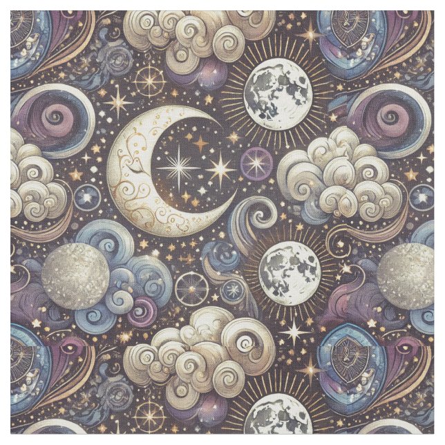 Celestial Mönster-Seamless Måne och Stars design Tyg (Närbild)