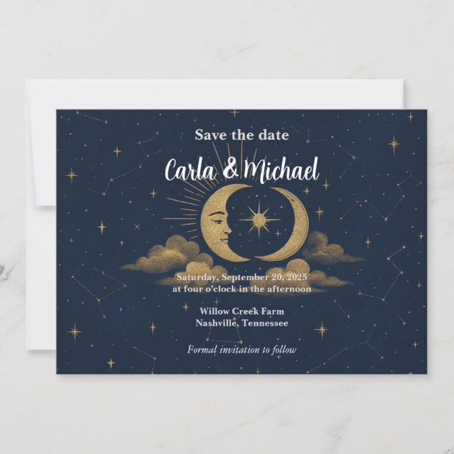 Celestial Moon and Stars Spara datum-inbjudan Datumet (Framsida)