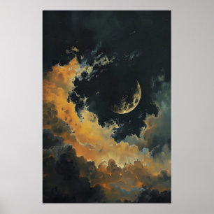 Celestial Moon and Stars Väggdekor, Mörk Halvmåne Poster