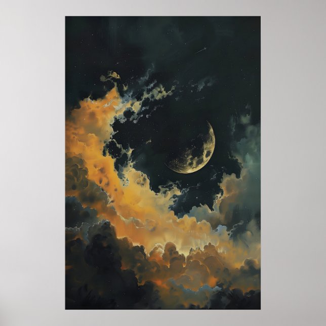Celestial Moon and Stars Väggdekor, Mörk Halvmåne Poster (Framsidan)