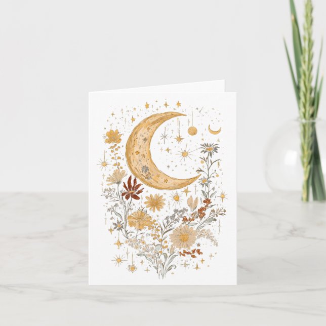 Celestial Moon and Wildflower Greeting Card – Boho Kort (Framsida)