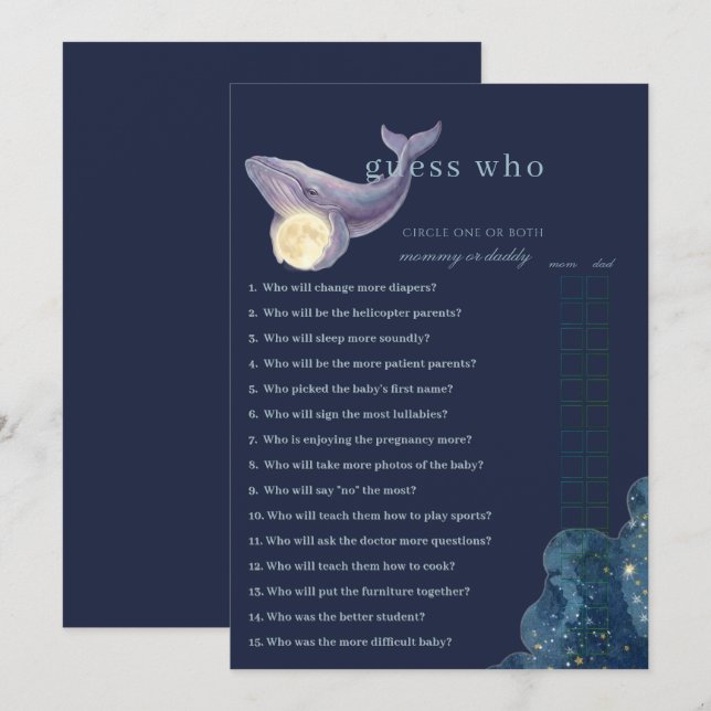 Celestial Moon Baby Shower Gissa Vem Spelkort | W Inbjudningar (Fram/baksida)