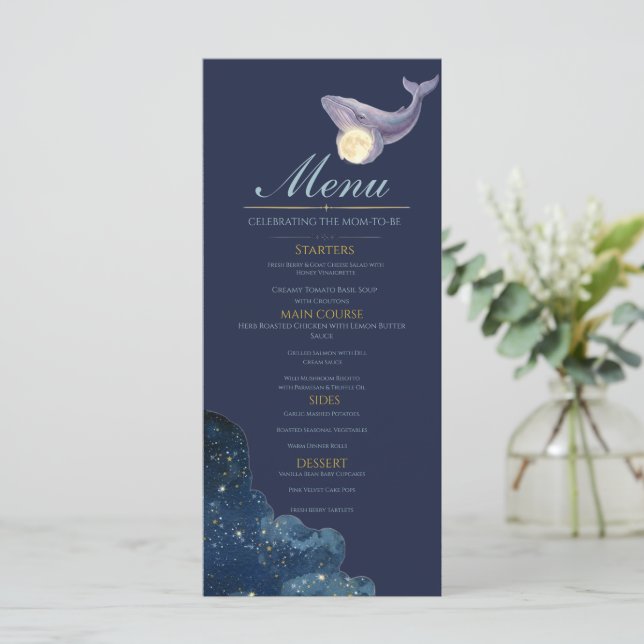 Celestial Moon Baby Shower Meny Kort | Whale & Moo (Stående Fram)