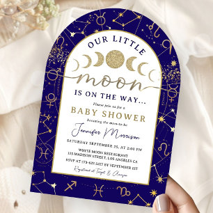 Celestial Moon Baby Shower Pojke Navyblå Guld Båge Inbjudningar